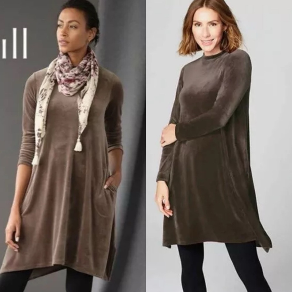 J‎ Jill Pure Jill Womens Velour Dipped Hem Dress M Tall Mocha Tunic Pockets